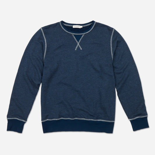 front of fully extended off navy blue homespun french terry crew neck sweatshirt with white accent stitching