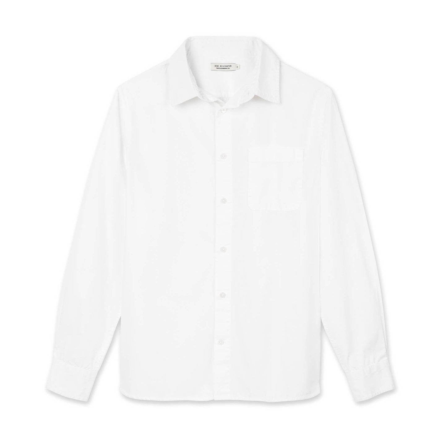 front of men's white long sleeve tailored poplin shirt with color matched buttons and a single pocket in standard height option