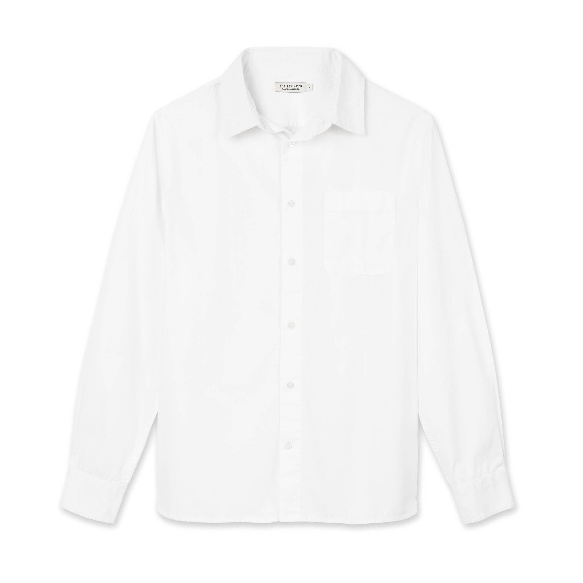 front of men's white long sleeve tailored poplin shirt with color matched buttons and a single pocket in standard height option