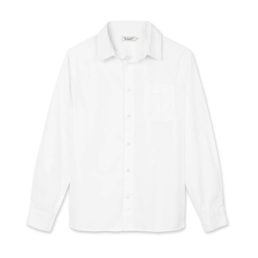 front of men's white long sleeve tailored poplin shirt with color matched buttons and a single pocket in standard height option
