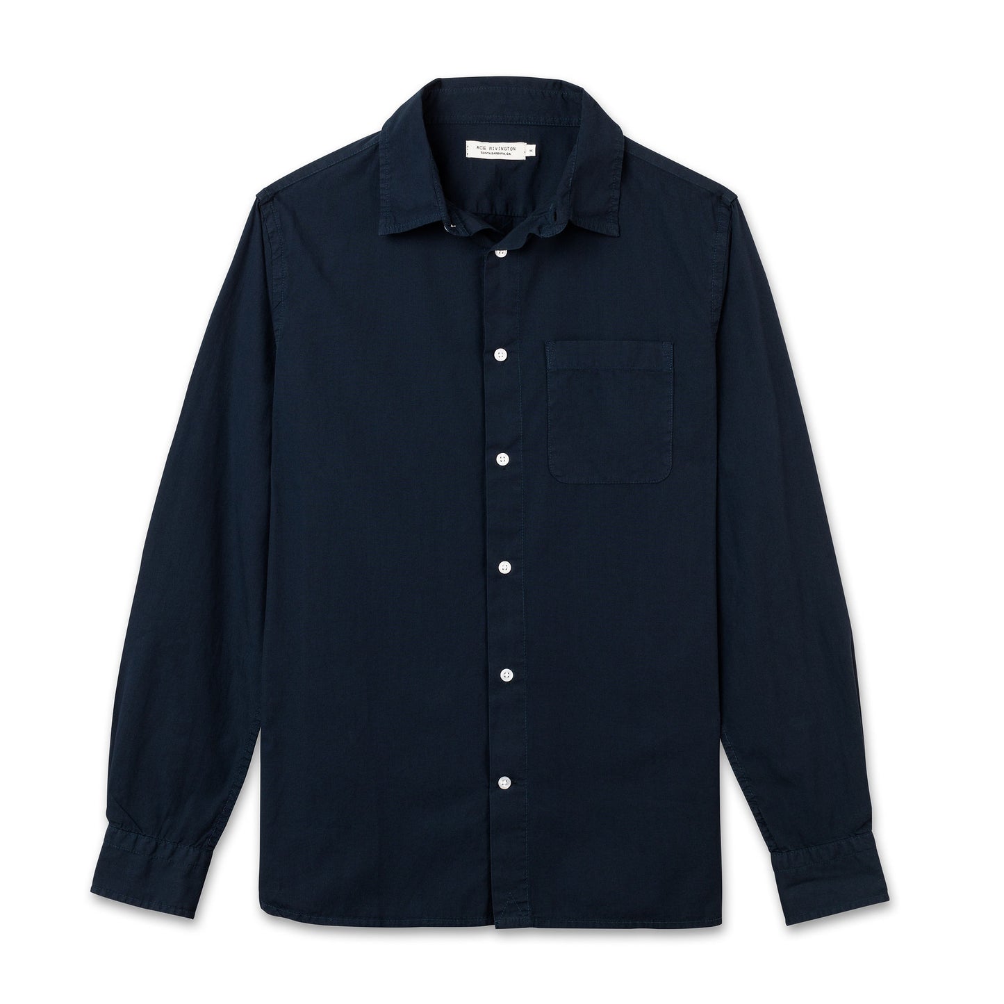 front of men's navy long sleeve tailored poplin shirt with pearl buttons and a single pocket in standard height option