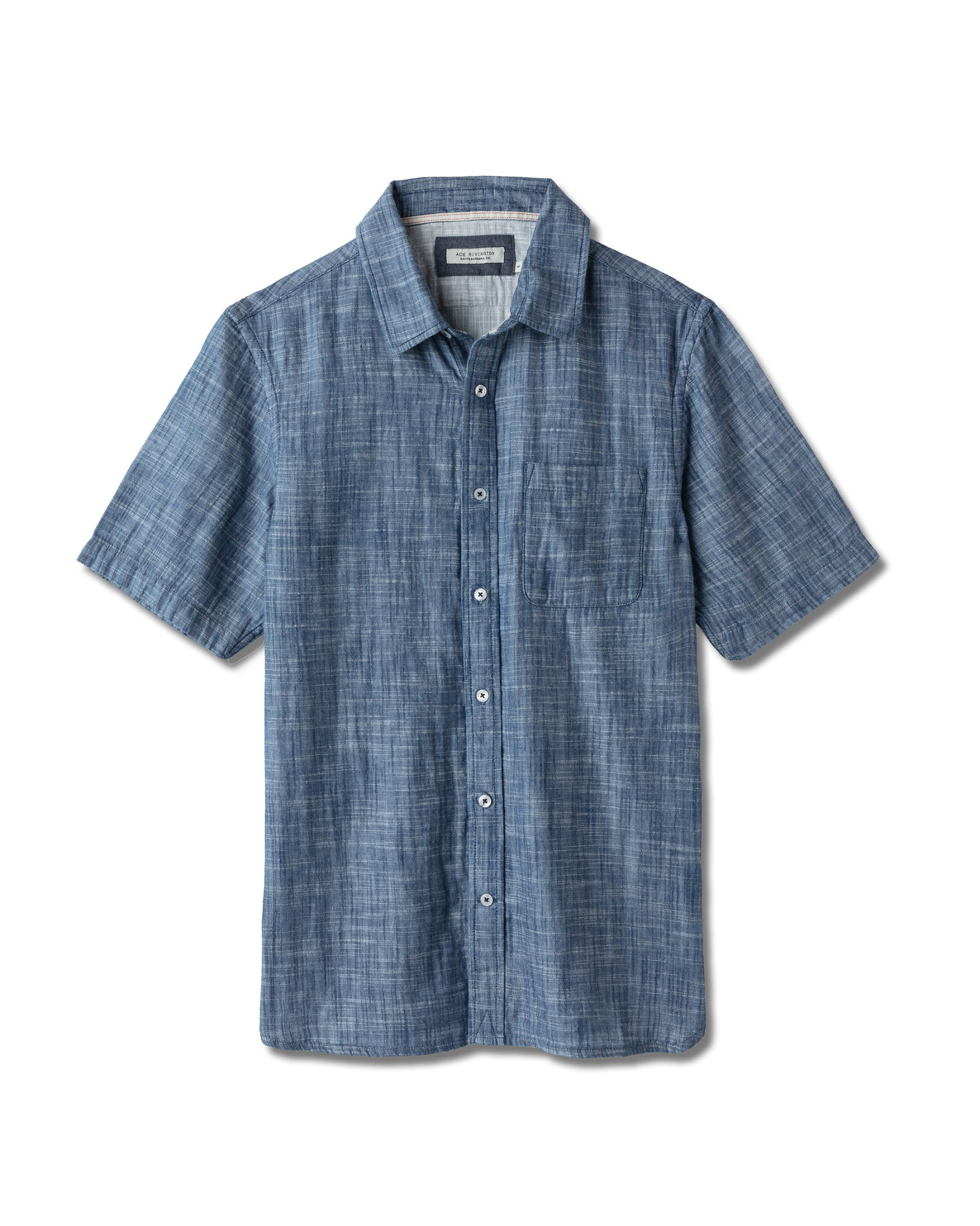Full view flat lay of front of Ace Rivington short-sleeved indigo slub soft textured-cotton shirt with linen hand feel, pearl buttons, left-breast pocket, collar, and off white interior
